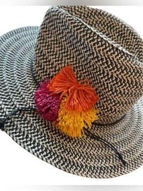 Cappelli Straworld Wide Brim Straw Hat Boho Pom Pom Trim Beach Vacation